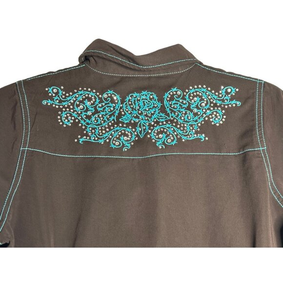Cowgirl Hardware L/S Brown Turquoise Bling Snap Shirt Womens Small - Picture 5 of 7